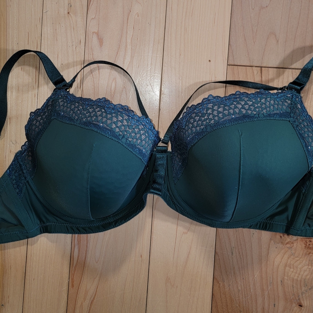 Adore Me Dark Green Lace Trim Bra with Underwire Support